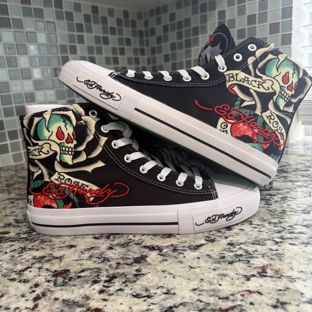 Ed Hardy Black Rose Skull Hi Top Sneakers Embroidered Logo Men's Size 9 With Box
